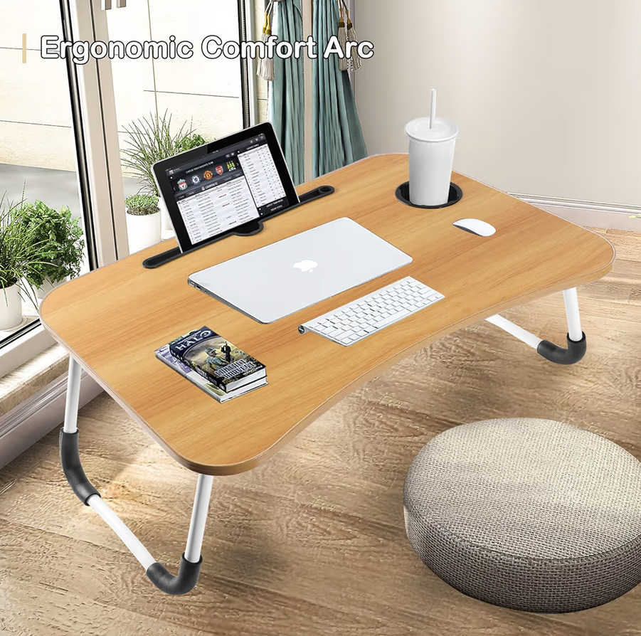 Sky-Touch Portable Folding bed Table, Laptop Desk With ipad and Cup Holder Adjustable Lap Tray Notebook Stand,Foldable Non-slip Legs Reading Table Tray for working,studing,camping 60×40×28cm Beige
