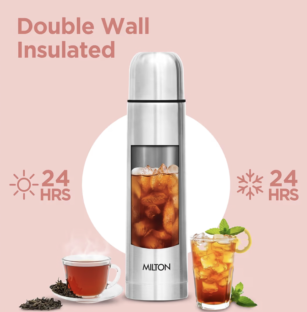Milton Thermosteel Flip Lid 1000, Double Walled Vacuum Insulated Thermos 1000 ml | 34 oz | 1 Ltr | 24 Hours Hot and Cold Water Bottle with Cover, Stainless Steel, BPA Free,Leak Proof | Silver