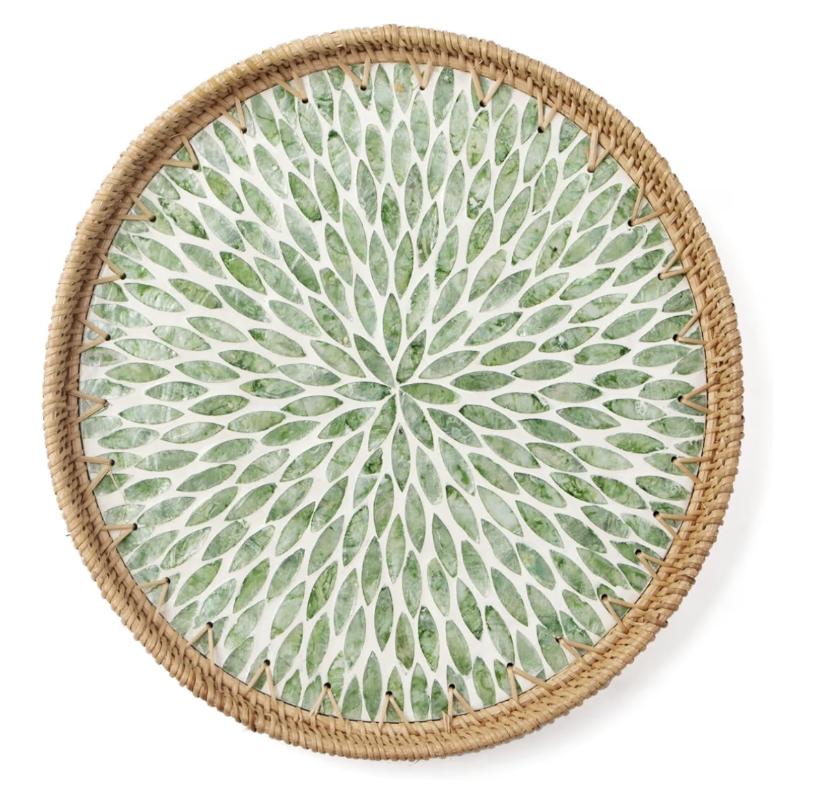 Round Rattan Tray with Mother of Pearl Inlay, Decorative Woven Serving Tray with Wooden Base, Handcrafted Wicker Basket Tray for Bread, Fruits, and Coffee, Leaf Design, Home Decor