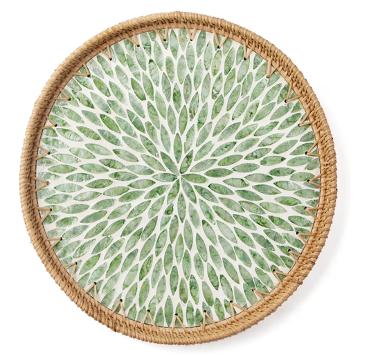 Round Rattan Tray with Mother of Pearl Inlay, Decorative Woven Serving Tray with Wooden Base, Handcrafted Wicker Basket Tray for Bread, Fruits, and Coffee, Leaf Design, Home Decor