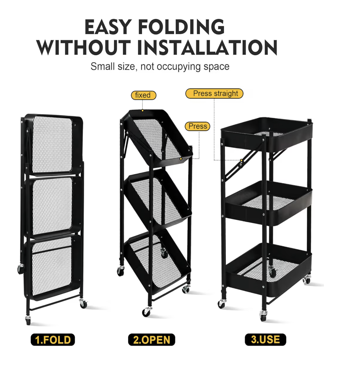 SKY-TOUCH 3 Tier trolley organizer,Foldable Metal Rolling Utility Cart Organizer, Multipurpose Organizer Trolley with Casters for Kitchen, Bedroom, Bathroom, Office, Laundry Room and Garage Black