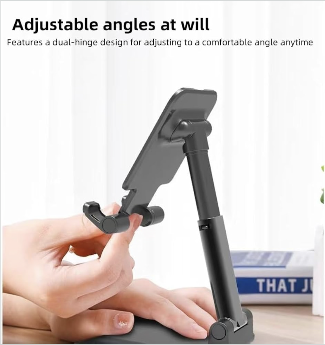 Phone Stand, Adjustable Height and Angle Foldable Cell Phone Stand Holder for Desk, Travel Home Office Desk Accessories Compatible for All Phones - Black