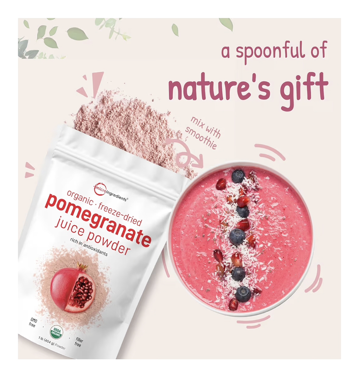Organic Pomegranate Juice Powder, 1 Pound (91 Serving), Freeze Dried & Cold Pressed, Natural Vitamin C (Immune Vitamin), Support Immune System, Organic Flavor for Smoothie & Beverage, Vegan