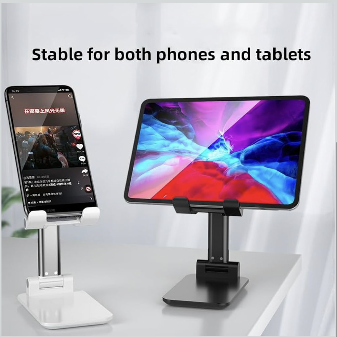Phone Stand, Adjustable Height and Angle Foldable Cell Phone Stand Holder for Desk, Travel Home Office Desk Accessories Compatible for All Phones - Black