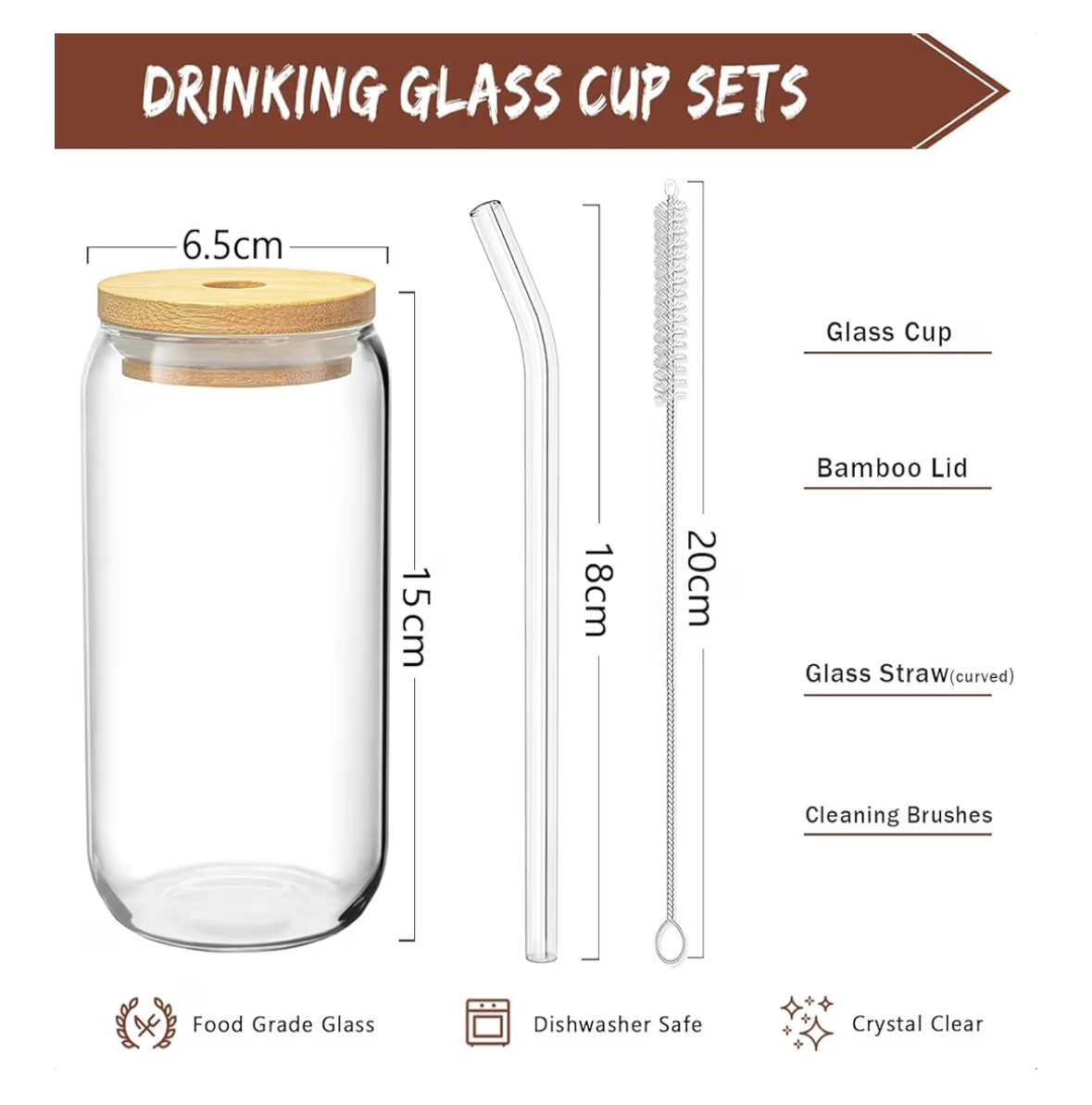 SKY-TOUCH 2 Pcs 550ml Glass Cups with Bamboo Lids and Straws, Clear Iced Coffee Glasses Set, Cute Aesthetic Reusable Drinking Tumblers with Cleaning Brush for Tea, Coffee, Smoothie, Soda