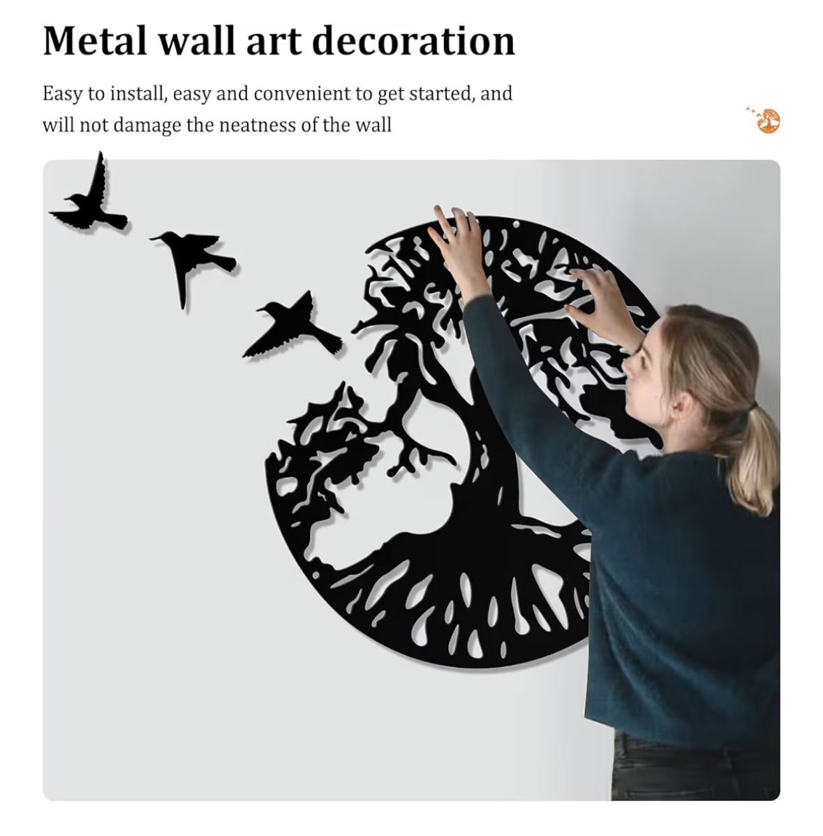 NALACAL Tree of Life Metal Wall Art with 3 Pcs Birds, 4 Pcs Black Metal Wall Decorative Art with 3 Pcs Birds for Living Room, Bathroom, Kitchen (12 inches Black)