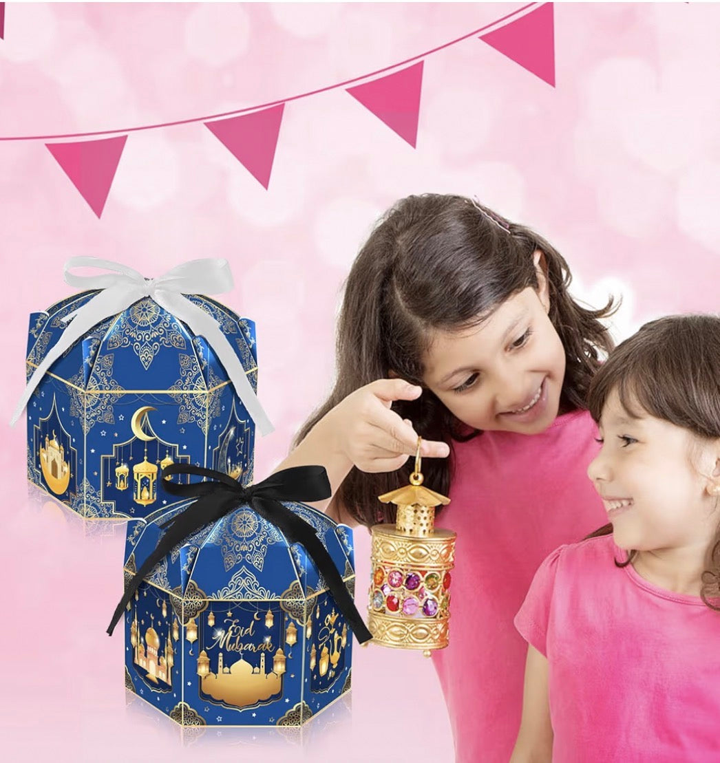 COSFAN 12Pcs Eid Mubarak Gift Boxes Eid Mubarak Candy Box Set Hexagonal Eid Party Favor Goodie Boxes Eid Party Paper Box with Ribbon