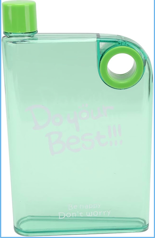 Flat Water Bottle, Portable Travel Mug, 420ml Slim Plastic Reusable Bottle with Cover & Round Hole for School, Sports, Travel, Dining, Green