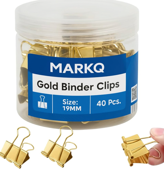 MARKQ Gold Binder Clips – Durable Metal Foldback Paper Clamps, Strong Office & School Paper Clips for Documents, Notes, and Home Organization - Small 19mm - Pack of 40