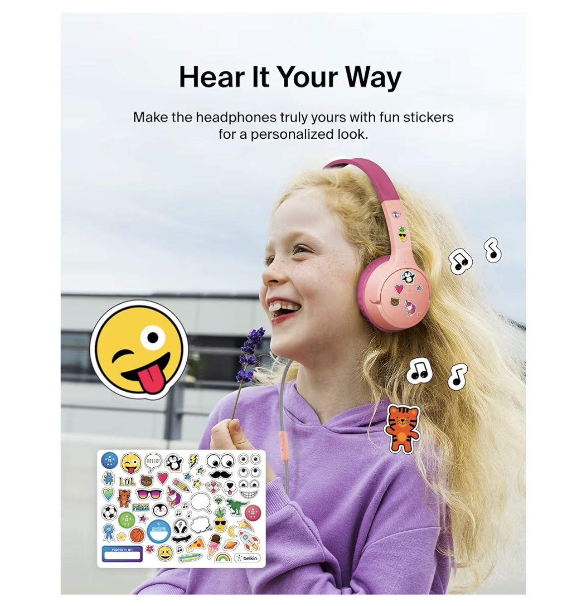Belkin SoundForm Mini Kids Wired Headphones with USB-C to 3.5mm Dongle, Built-in Mic & Fun Stickers, 85dB Max Volume – for Online Learning, Travel, Compatible with iPhone, iPad, Galaxy, etc - Pink
