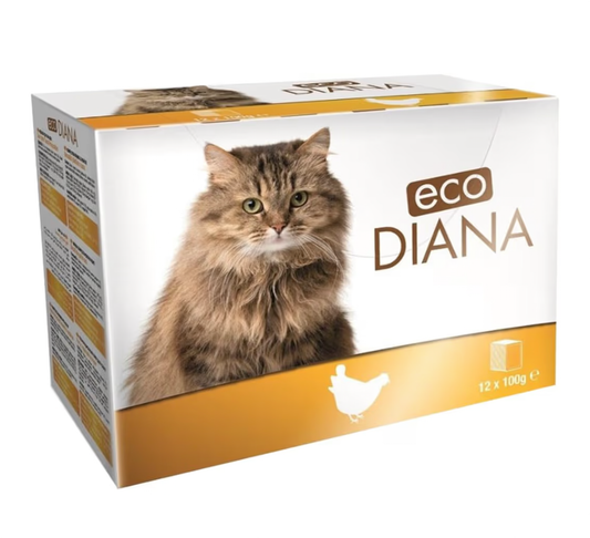 Plaisir Eco Diana Food For Cats, 12 Pouches Of 100G, Delicious Chunks With chicken In Gravy, Full Of Nutrition- Multicolour