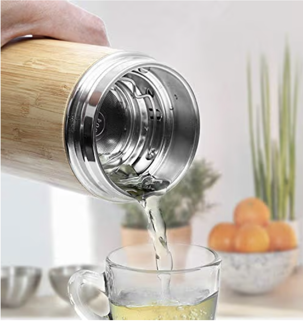 PagKis Bamboo Stainless Steel Flask Water Bottle/Thermos with Tea Strainer | Double Wall Vacuum Insulated | Hot & Cold (450 ML)
