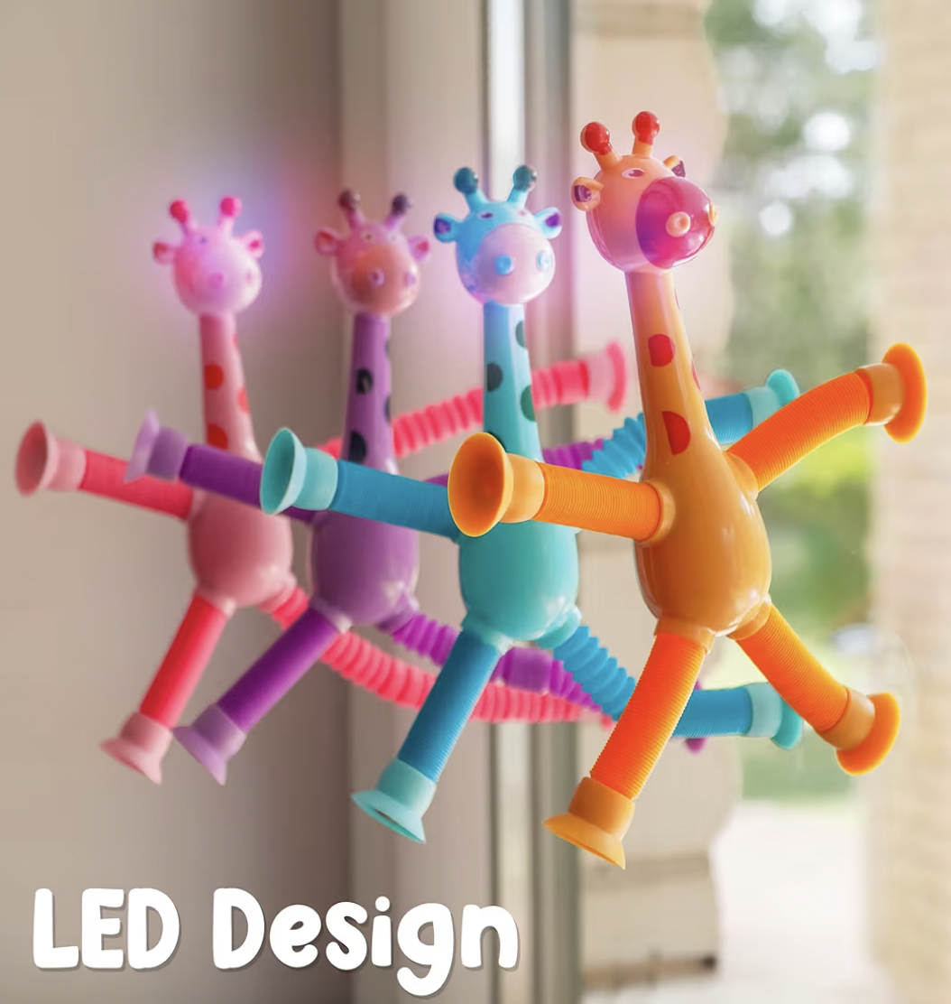 لعبة زرافة تلسكوبية بكوب شفط ومصباح LED من بوكس جير، 4 قطع، ألعاب فيدجيت بأنبوب تلسكوبي متغير الشكل، أنابيب بوب، أنابيب فيدجيت حسية للأولاد والبنات (زرافة)