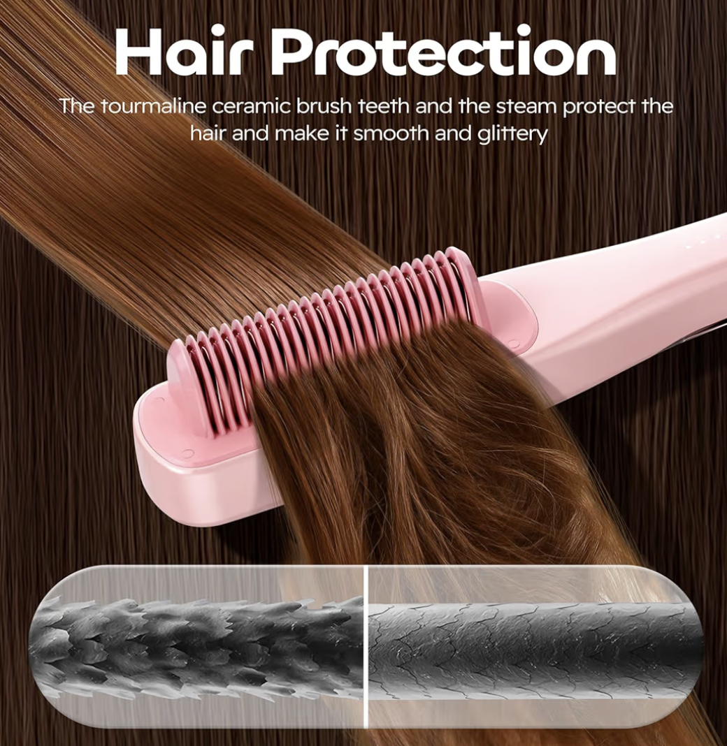 Steam Hair Straightener Brush, 3 in 1 Hair Straightening Brush with 4 Temperature Adjust, Anti Scald Ceramic Hair Straightening Comb Fast Heating for Home, Reduces Damage, Nourishes Hair