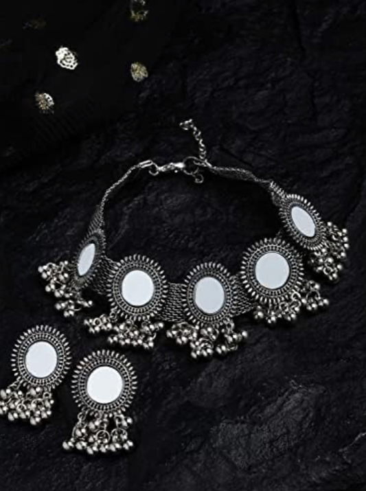 Shining Diva Fashion Latest Stylish Fancy Oxidised Silver Tribal Choker Necklace Jewellery Set for Women