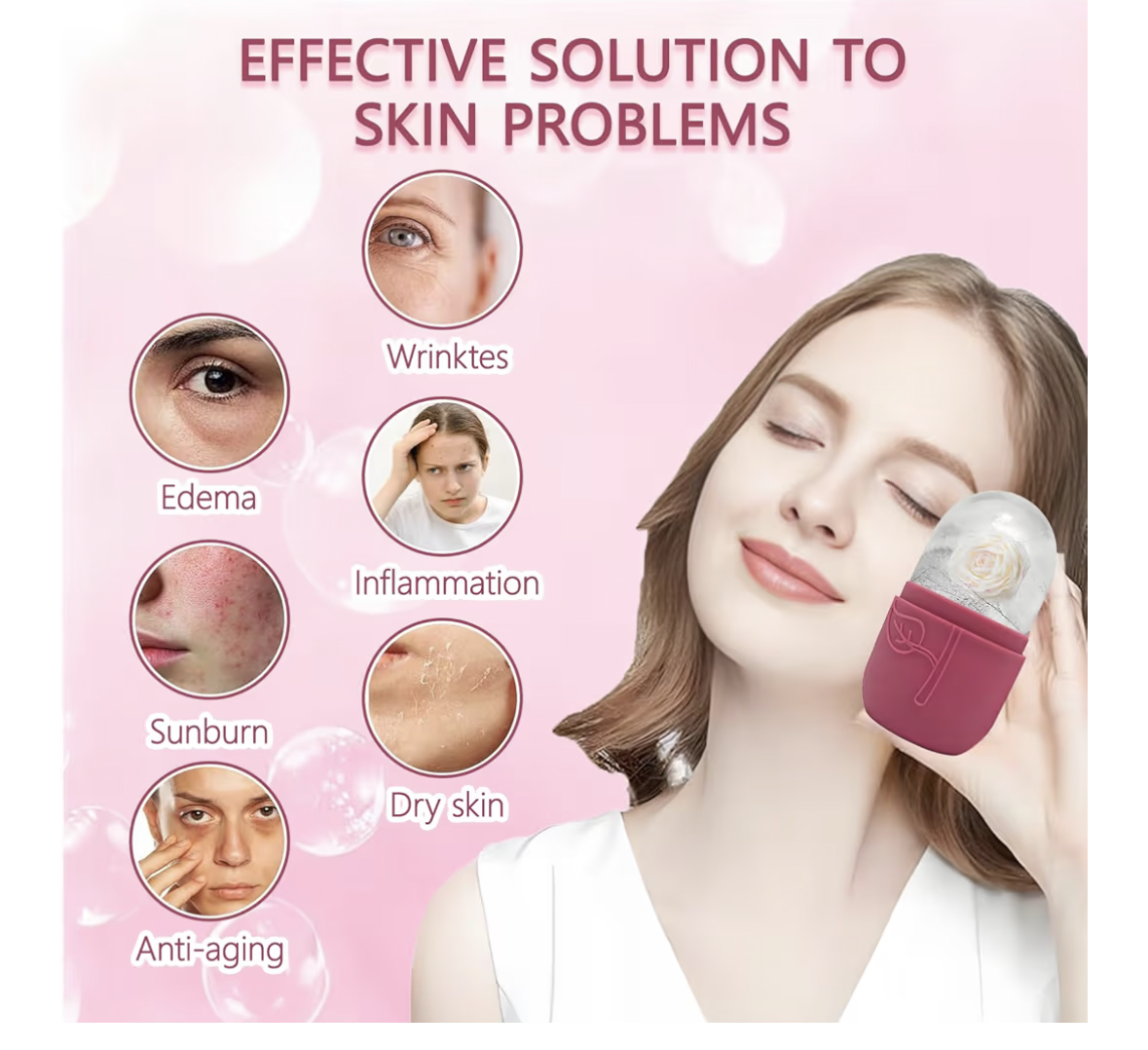 2PCS Ice Cube Roller Massager for Face, Eyes & Neck, Skin Care Tool, De-Puffing Eye Bags, Migraine Relief, Reusable Ice Mold for Face Massage (Rose Red & Pink)