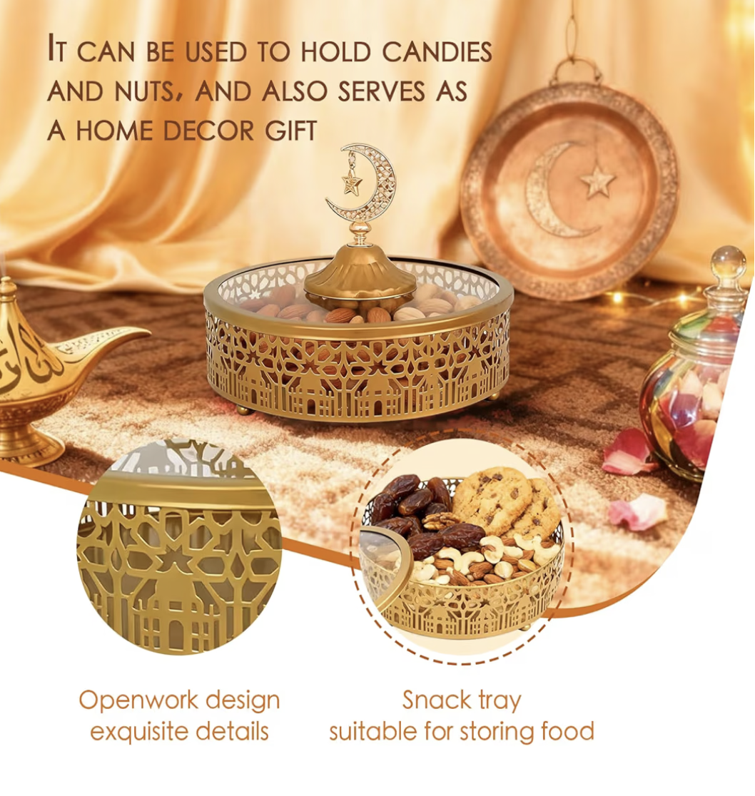 2 Pcs Ramadan Snacks Serving Tray with Lid - Metal Snacks Box for Ramadan & Eid, Handcrafted Arabian Style Serving Dish for Sweets, Nuts, Home Decor Gift