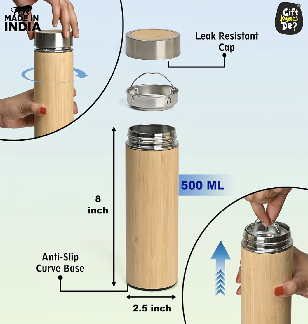 GKD Eco-Friendly Bamboo Water Bottle, Stainless Steel Flask Water Bottle/Thermos with Tea Strainer | Double Wall Vacuum Insulated | Hot & Cold