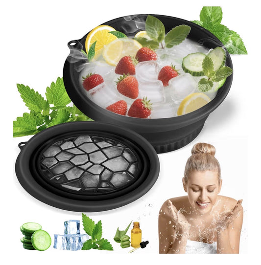 Face Bowl for Ice With Built-in Ice Tray Collapsible Silicone Facial Face Ice Bath Bowl Small Reusable Cold Plunge Basin is Portable,Perfect for Home Use,Camping,Travel Cold Bath Spa Tool & Black