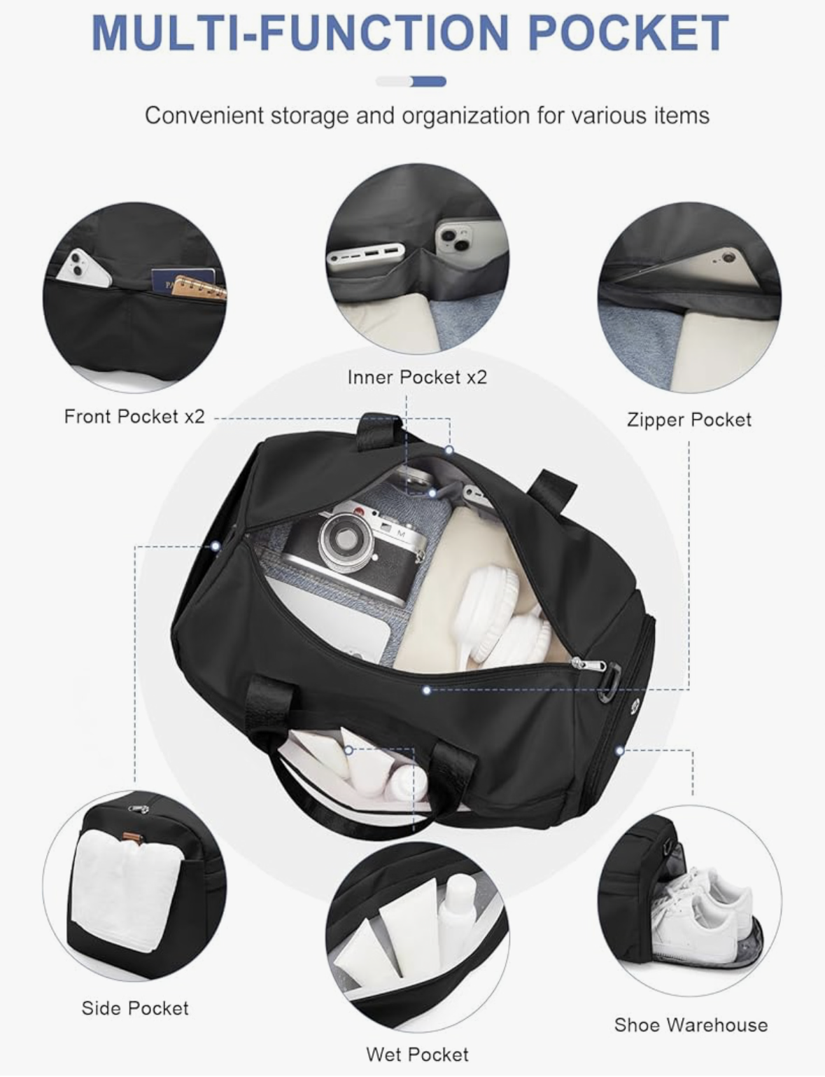 Gym Bag for Women Men with Shoe Compartment, Sport Duffel Bag, Waterproof Travel Weekender Overnight Carry on Bag for Yoga with Trolley Sleeve, Black, A-Black, Shoe Compartment