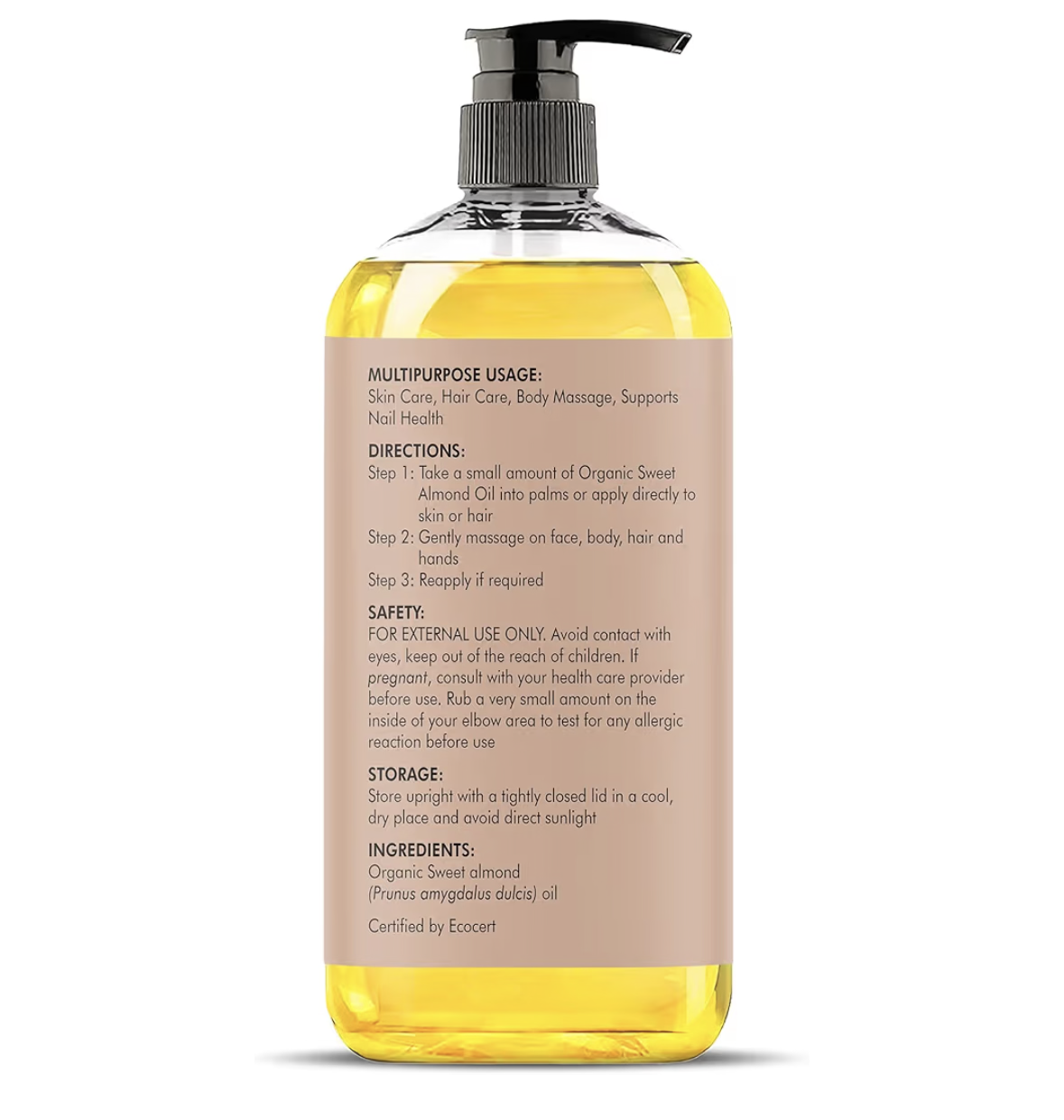 Majestic Pure USDA Organic Sweet Almond Body Oil | Large 236 ml | 100% Pure & Natural Cold Pressed Oil Sweet Almond Oil for Skin, Face, Nails, Hair, Scalp & Massage | 236 ml