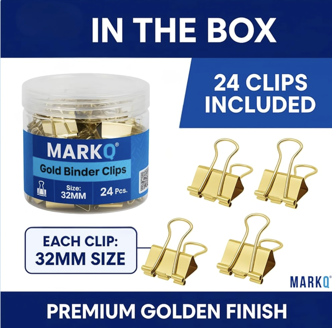 MARKQ Gold Binder Clips – Durable Metal Foldback Paper Clamps, Strong Office & School Paper Clips for Documents, Notes, and Home Organization - Medium 32mm - Pack of 24