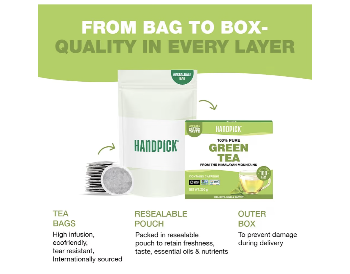 HANDPICK, Green Tea Bags - 100 Eco-Friendly Tea Bags | 100% Halal Certified | Resealable Pack for Freshness | Delicate & Flavory | Direct From India