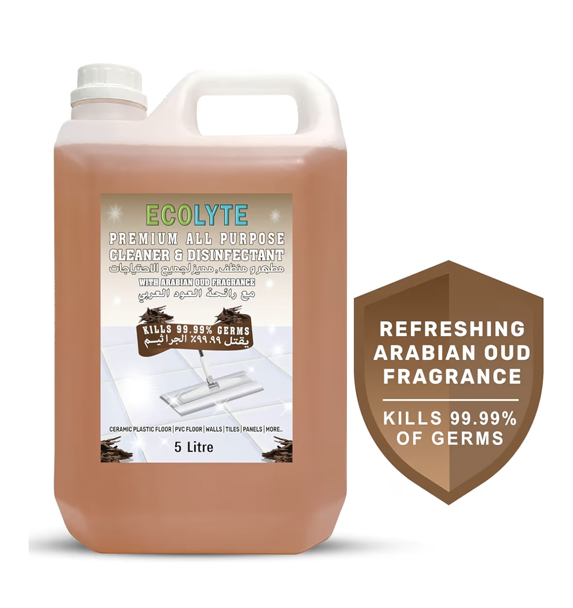 ECOLYTE+ Floor Cleaner, Premium All Purpose Cleaner Plus Disinfectant, for Hospital, Home, Office & Commercial Use for Dirt, Stains & Germs, Floor Cleaning (Arabian Oud, 5 Liter)