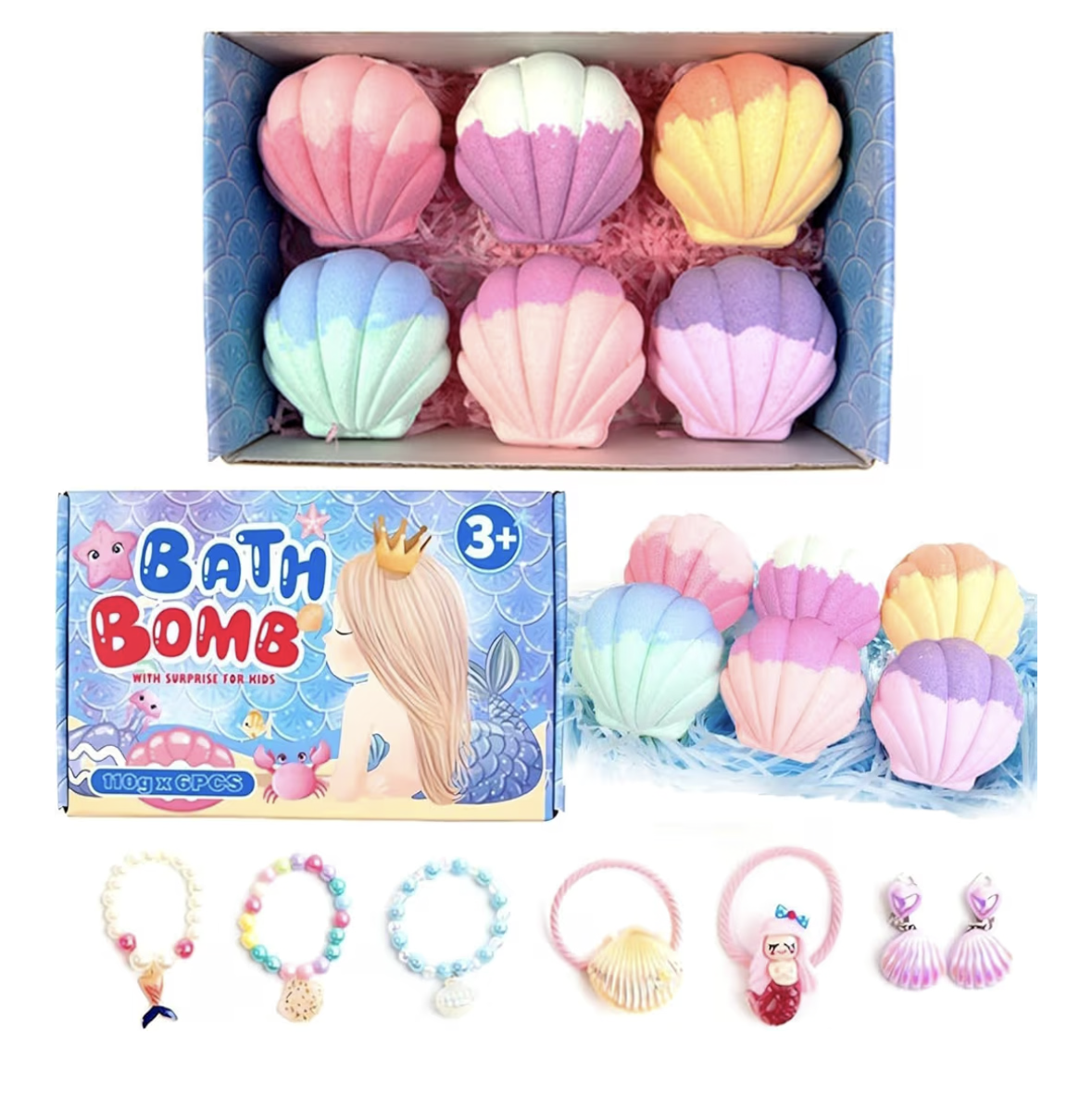 Bath Bombs for Kids Girls with Surprise, 6Pcs Shell Mermaid Bubble Bath Bomb Toys Set Kids Rich in Essential Oil