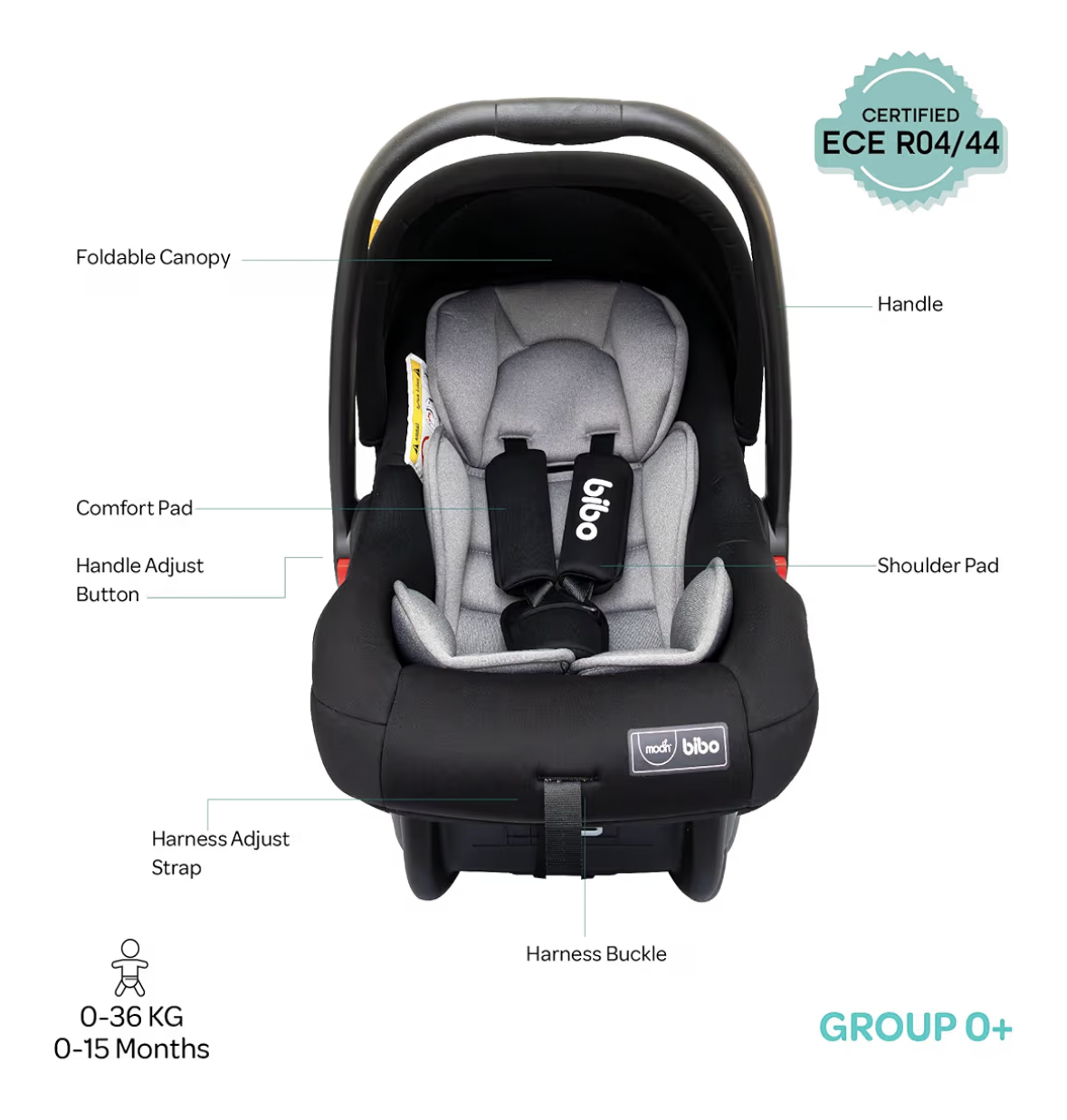The Moon Brand Bibo Infant/Baby/Kids Travel Car Seat With Full Body Support Cushion Rear Facing Seat Carry Cot AdjUStable Canopy Suitable For 0 Months+0 13 Kg - Black