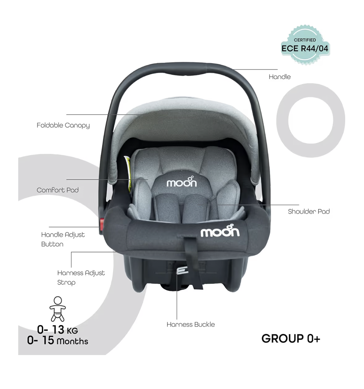The Moon Brand Bibo Infant/Baby/Kids Travel Car Seat With Full Body Support Cushion Rear Facing Seat Carry Cot AdjUStable Canopy Suitable For 0 Months+0 13 Kg - Grey
