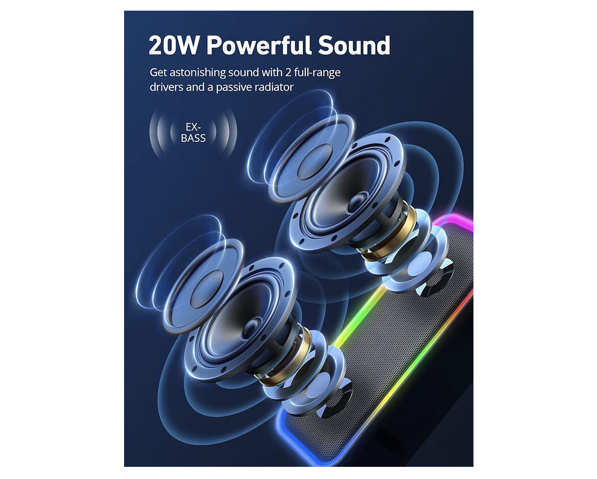 Portable Bluetooth Speaker, 20W Deep Bass Wireless Speaker with RGB Lights, IPX5 Waterproof, 18H Playtime, Bluetooth 5.3, TWS Pairing, Hi-Fi Stereo Sound for Outdoor, Travel, Beach & Party