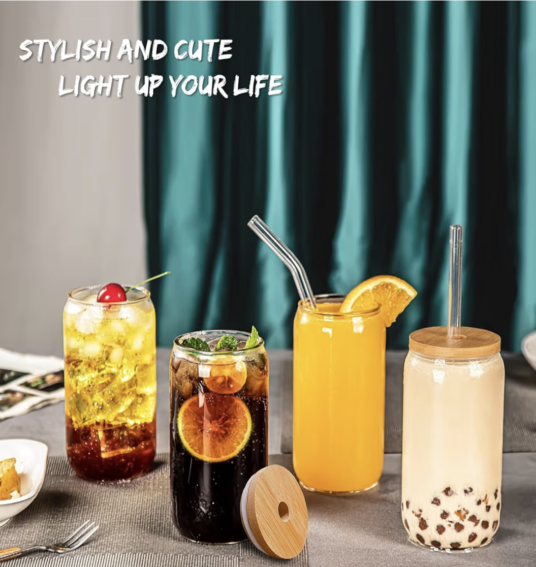 SKY-TOUCH 2 Pcs 550ml Glass Cups with Bamboo Lids and Straws, Clear Iced Coffee Glasses Set, Cute Aesthetic Reusable Drinking Tumblers with Cleaning Brush for Tea, Coffee, Smoothie, Soda