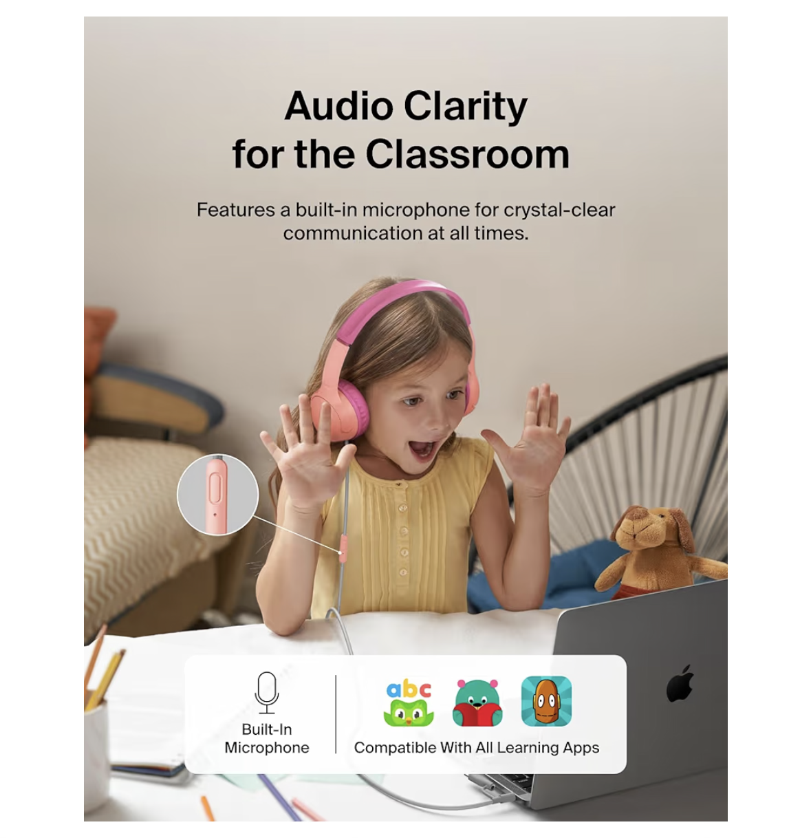 Belkin SoundForm Mini Kids Wired Headphones with USB-C to 3.5mm Dongle, Built-in Mic & Fun Stickers, 85dB Max Volume – for Online Learning, Travel, Compatible with iPhone, iPad, Galaxy, etc - Pink