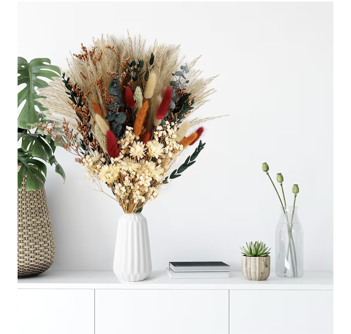 NALACAL Dried Flower Bouquet – 17" Natural Dried Pampas Grass with Bunny Tails, Eucalyptus, and Reed Grass for Fall Home Decor, Perfect for Table or Mantel Arrangements