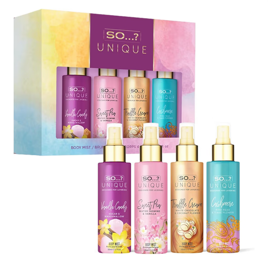 So…? Unique Mini Mist Womens Gift Set with Vanilla Candy, Sweet Pea, Truffle Cream, & Cashmere, Body Mist Fragrance Spray Set (4 x 50ml.)