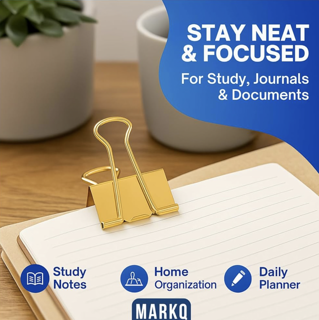 MARKQ Gold Binder Clips – Durable Metal Foldback Paper Clamps, Strong Office & School Paper Clips for Documents, Notes, and Home Organization - Small 19mm - Pack of 40