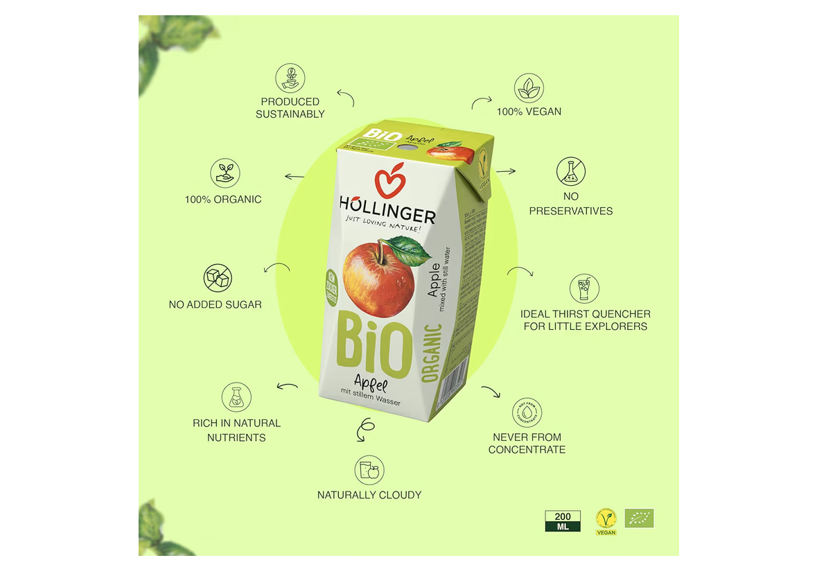 Hollinger Organic Apple Juice with No Added Sugar Never from Concentrate 200ml x 3
