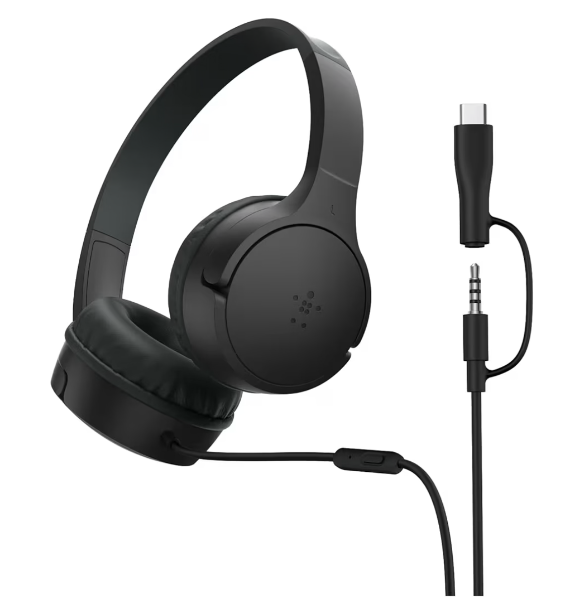 Belkin SoundForm Mini Kids Wired Headphones with USB-C to 3.5mm Dongle, Built-in Mic & Fun Stickers, 85dB Max Volume – for Online Learning, Travel, Compatible with iPhone, iPad, Galaxy, etc - Pink