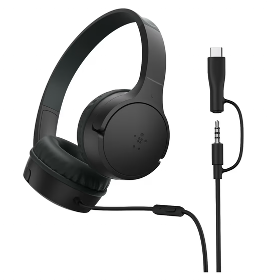Belkin SoundForm Mini Kids Wired Headphones with USB-C to 3.5mm Dongle, Built-in Mic & Fun Stickers, 85dB Max Volume – for Online Learning, Travel, Compatible with iPhone, iPad, Galaxy, etc - Pink