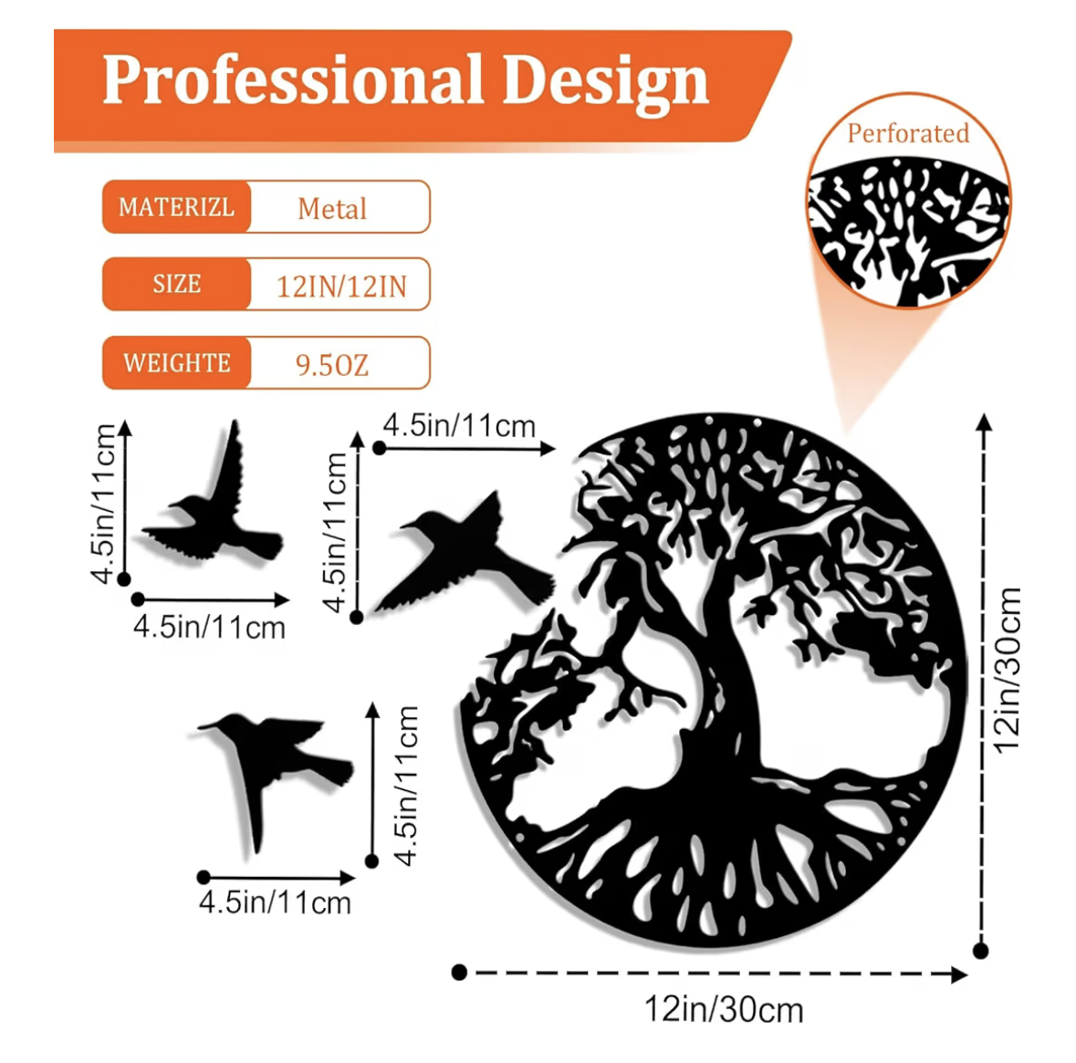 NALACAL Tree of Life Metal Wall Art with 3 Pcs Birds, 4 Pcs Black Metal Wall Decorative Art with 3 Pcs Birds for Living Room, Bathroom, Kitchen (12 inches Black)