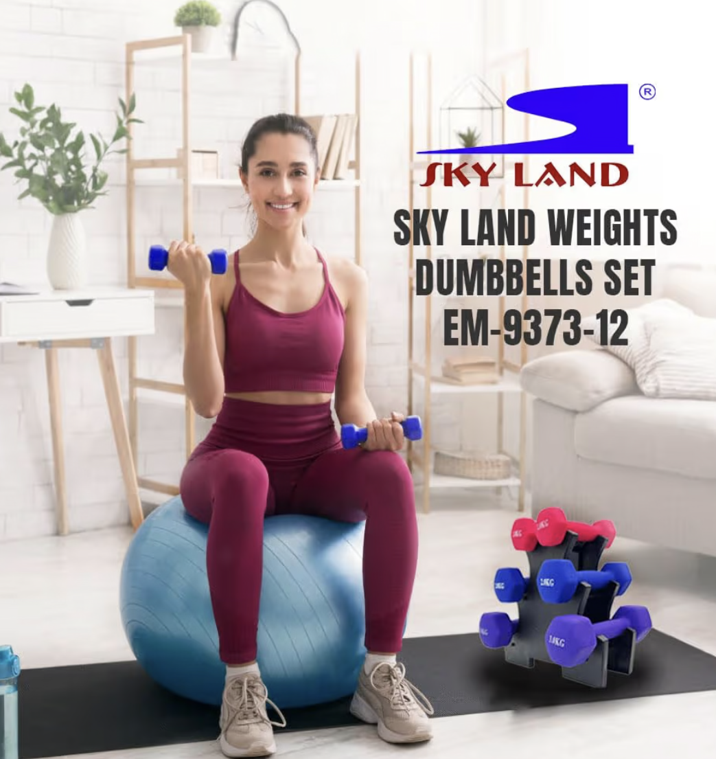 SKY LAND Dumbbell Rack Set with 2x1KG (Pink), 2x2KG (Blue), 2x3KG (Purple) Neoprene Hex Dumbbells – 12KG Home Gym Equipment, Anti-Roll Hand Weights for Strength Training & Fitness – EM-9373-12
