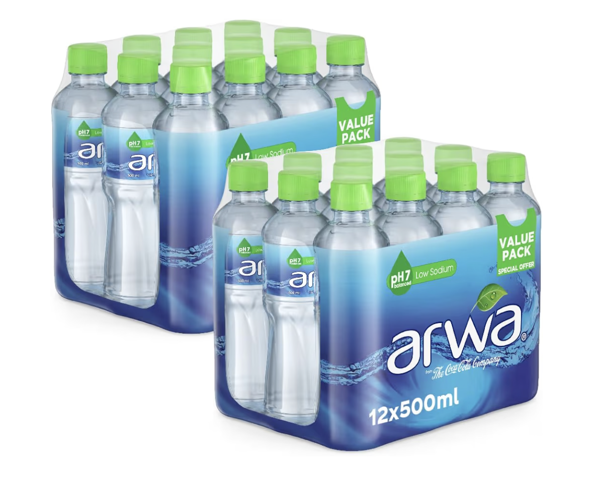 ARWA Still Water, Bottled Drinking Water, PET 500ml, Pack of 24 (12x2 Pack)