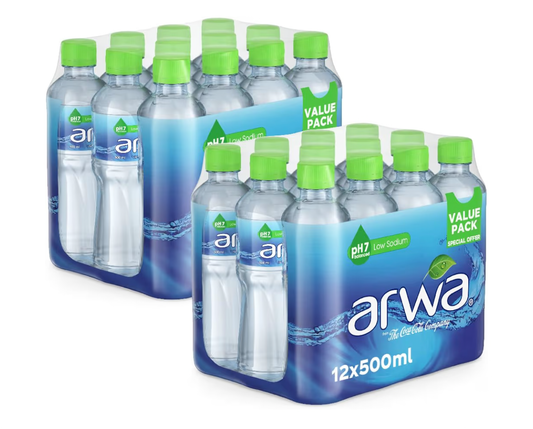 ARWA Still Water, Bottled Drinking Water, PET 500ml, Pack of 24 (12x2 Pack)