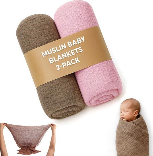Muslin Swaddle Blankets for Newborn, 2 Pack Baby Blanket Soft & Breathable Receivers for Boys & Girls, 40 * 150cm Infant Bedding Wrap, Adjustable & Hypoallergenic Wearable Blankets