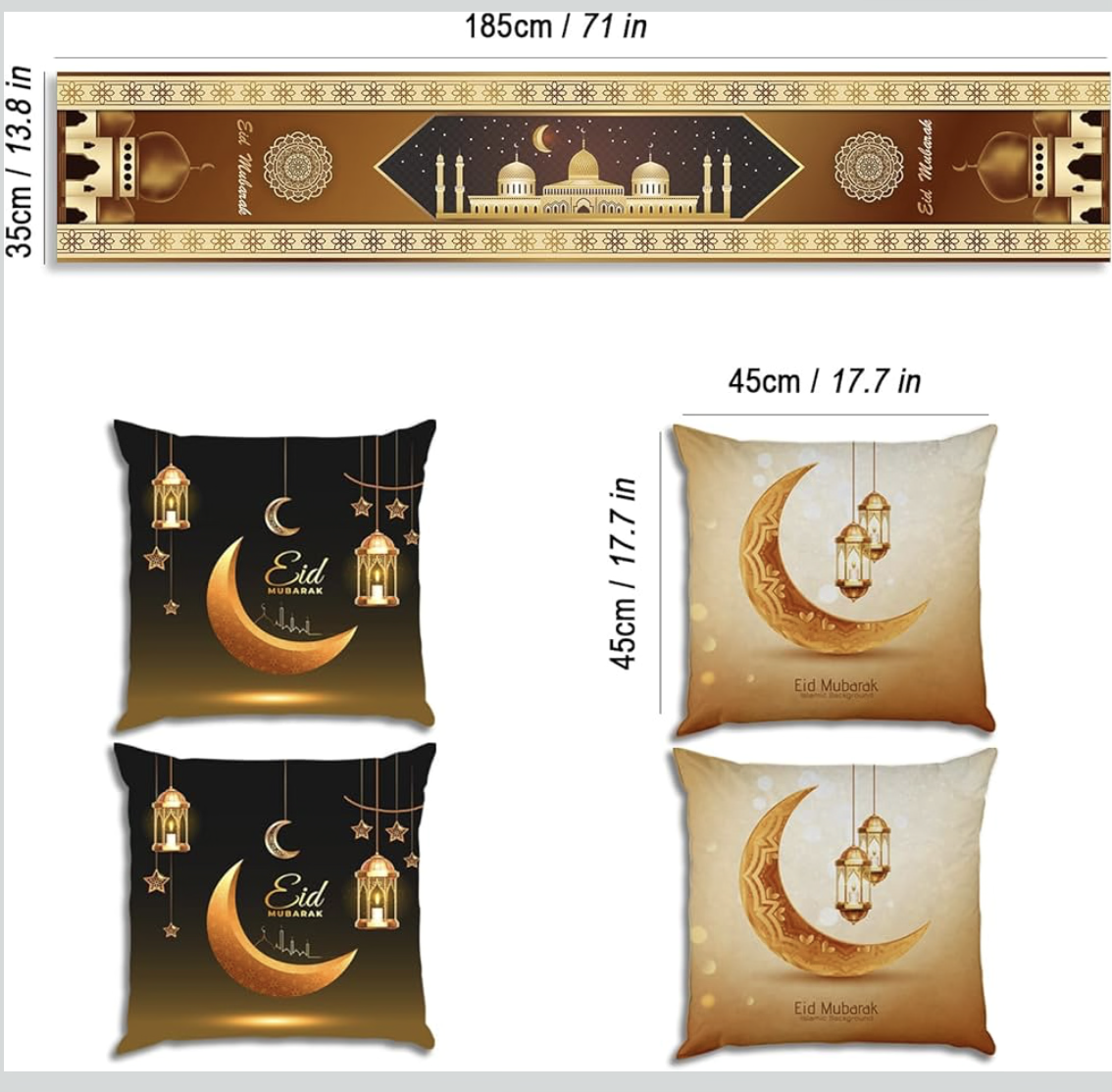 Rness Eid Al Adha Decorations, 5pcs Eid Mubarak Table Decorations with Eid Al-Fitr Table Runner and 4 Pcs Decorative Pillow Covers Party, Home, Dining Room, Table Decorations