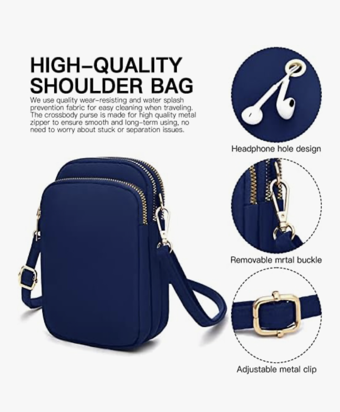 Nylon Ladies Mobile Phone Bags Purse Mini 3 Layers Zipper Shoulder Wallet Bag with Adjustable Strap