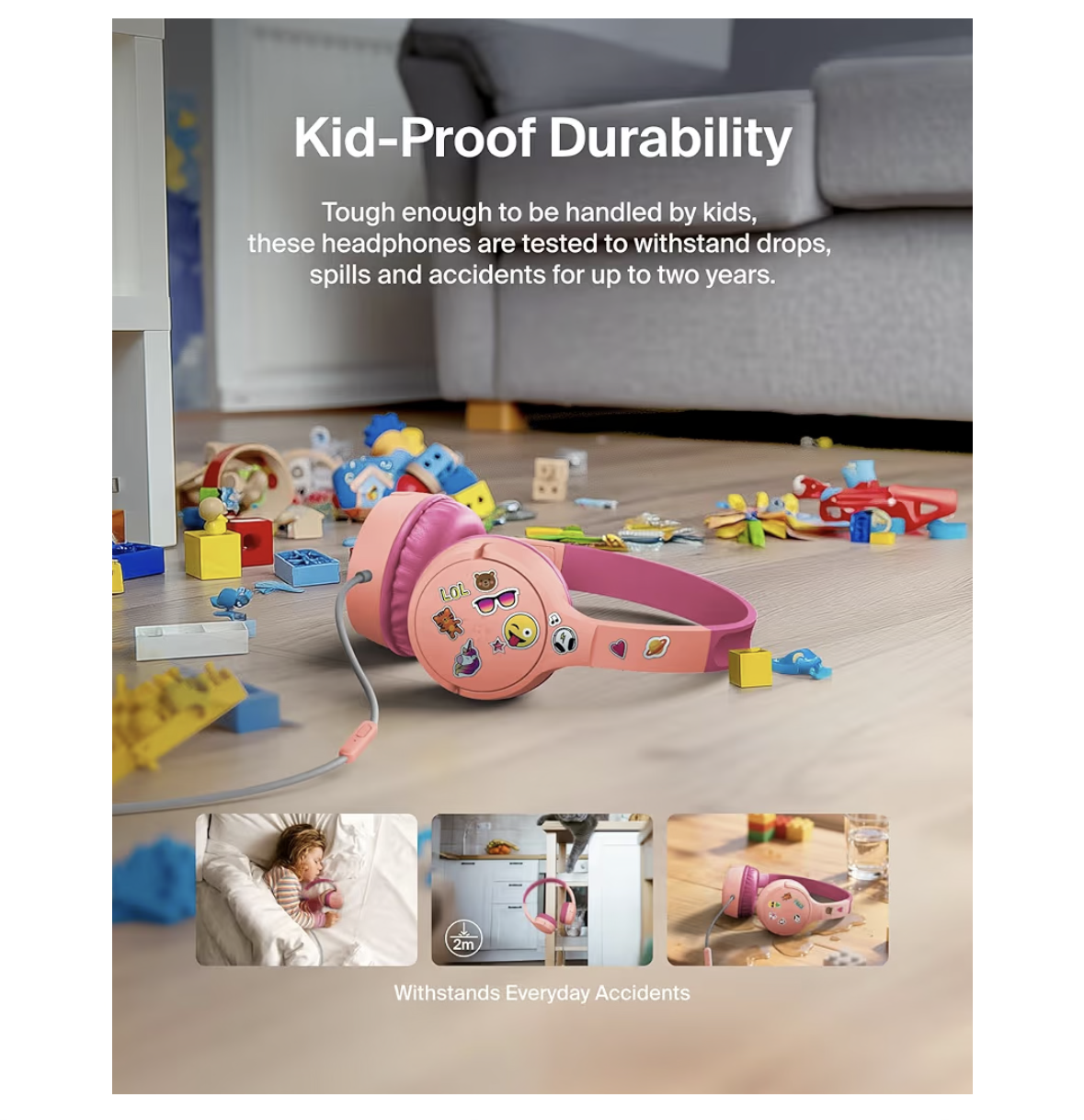 Belkin SoundForm Mini Kids Wired Headphones with USB-C to 3.5mm Dongle, Built-in Mic & Fun Stickers, 85dB Max Volume – for Online Learning, Travel, Compatible with iPhone, iPad, Galaxy, etc - Pink