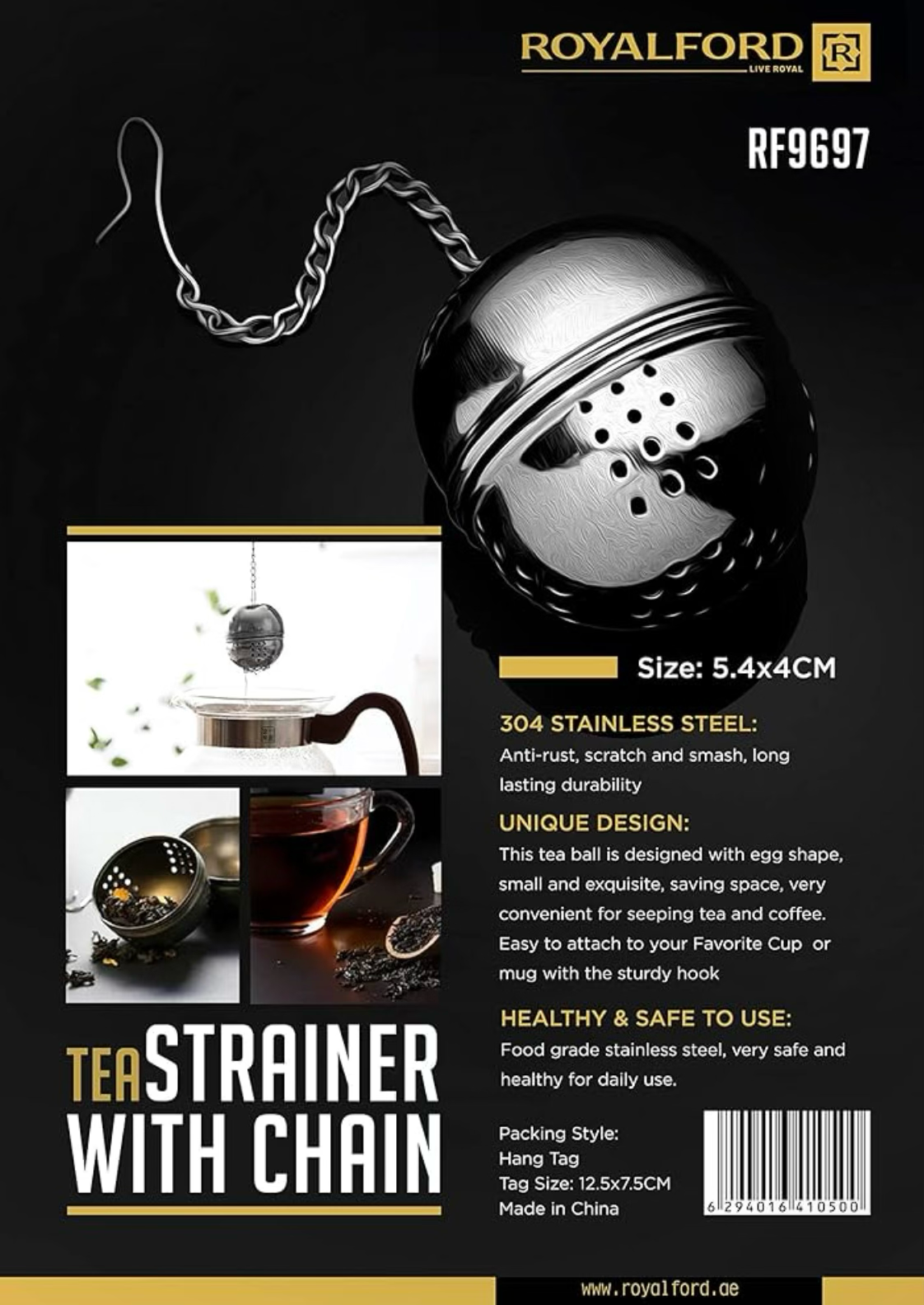 Royalford Tea Strainer with Chain (5.4x4cm), Silver