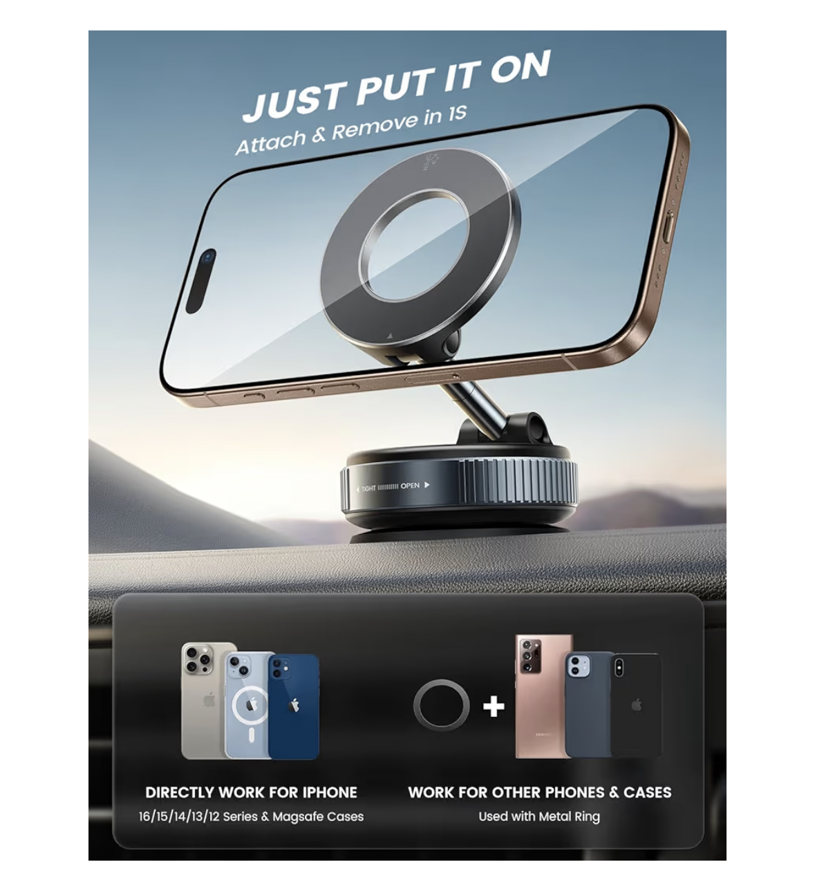 Lamicall Car Phone Holder - [70 LBS Strongest Suction] for Mag safe Car Mount, 360° Adjustable Vacuum Suction, Dashboard Windshield Magnetic Mobile Holder for Car/Mirror/Smooth Surface for All Phone